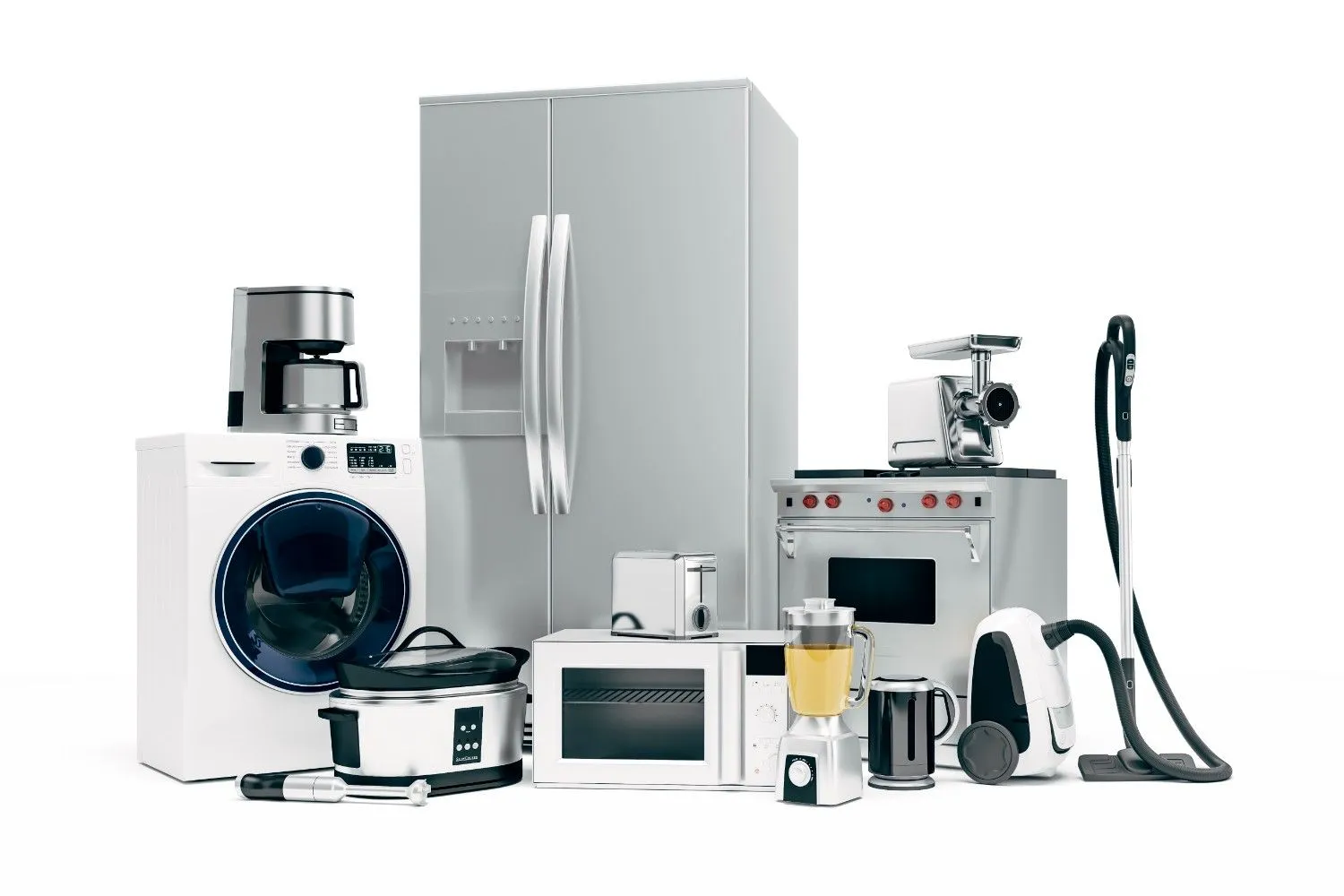 Refrigerator, washer, range, microwave and small home appliances grouped together